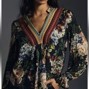 Bl^nk London x Anthropologie STEPHANIE XS Blue Green Floral V-Neck Long Sleeve